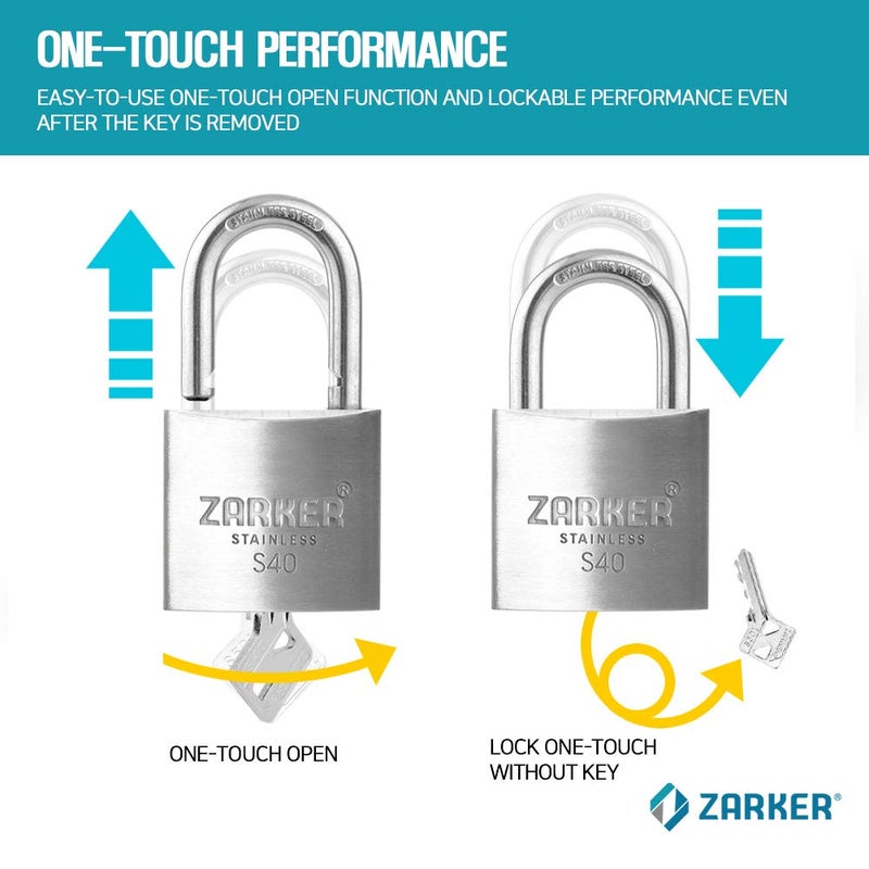 Zarker S40 keyed Padlock, Heavy Duty Stainless Steel Lock, Waterproof and Rustproof Storage, Warehouses, Garage, Outdoors, 1-Pack - Image 5